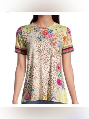 Johnny Was Sz Sm Wildflower Crew Knit Tee Top Flower Leopard Blouse Shirt Swing